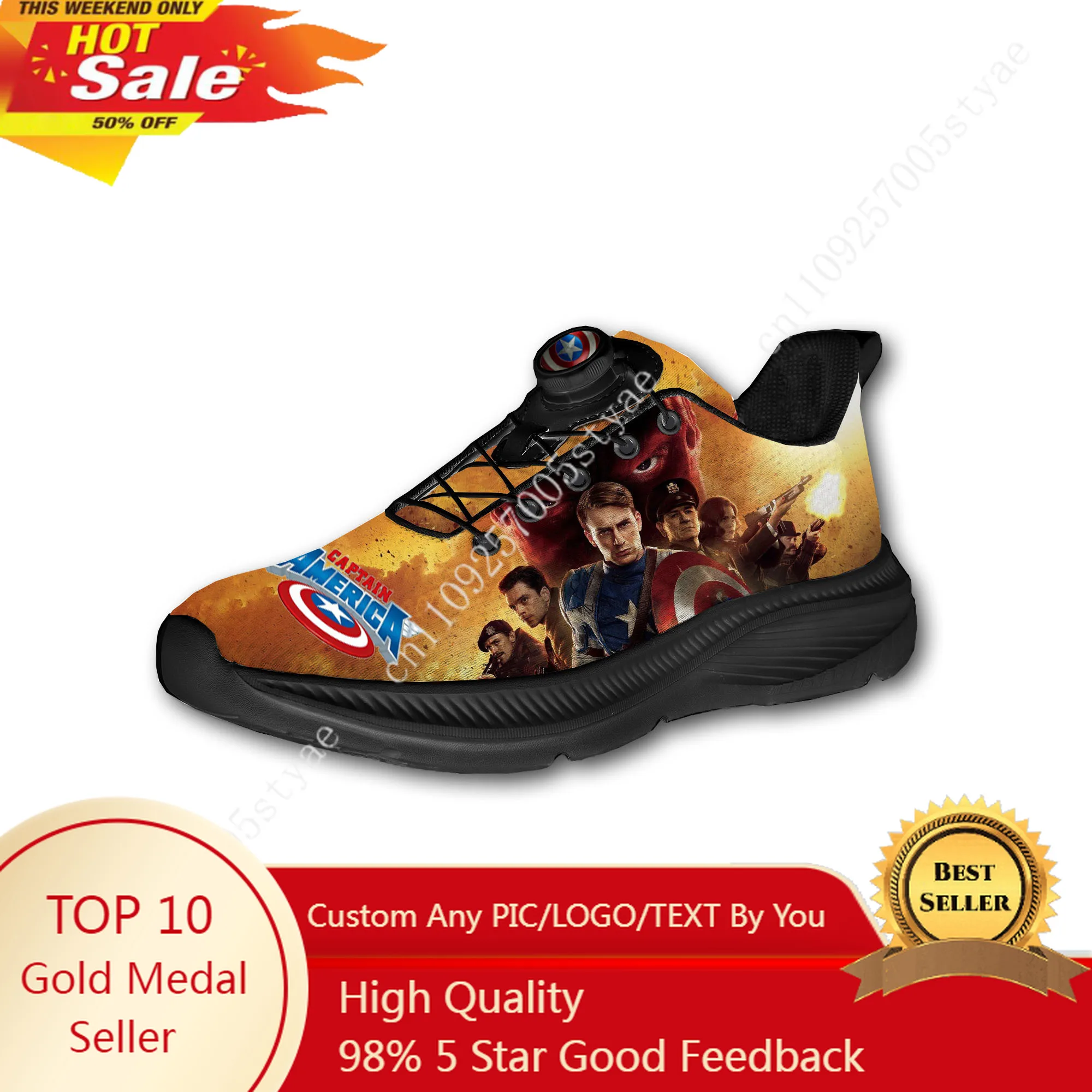 Marvel Captain America Mens Womens Running Off-road Shoes Laceless Rotating Button Sports Shoe Hiking Leisure Custom Sneaker