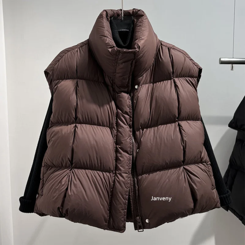

Janveny 2025 New Fall Winter Mock Neck Puff Soft Puffer Down Waistcoat Women Warm Casual Loose White Duck Down Sleeveless Coat
