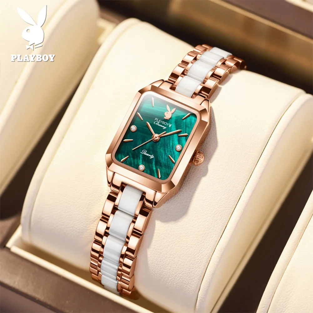 PLAYBOY 2050 Elegance Women Watch Brilliant Zircon Quartz Movement Square Dials Ceramic Bracelet Light Waterproof Women Watch