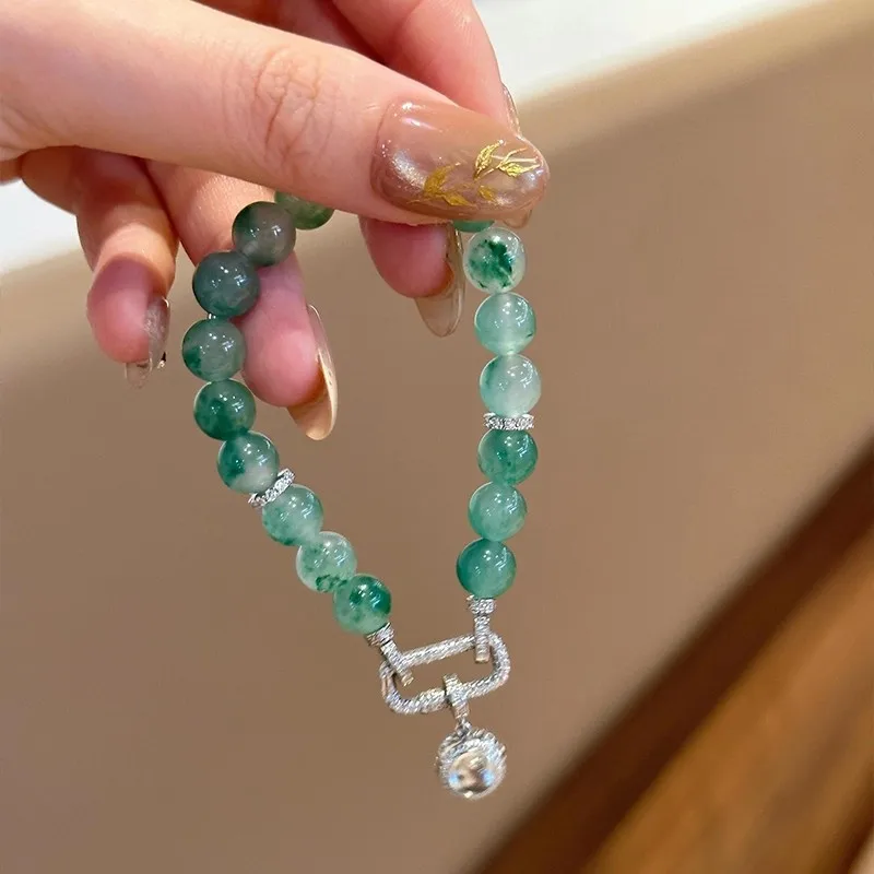 Natural chalcedony Round Beads Green Bracelets for women Fashion Luxury Exquisite inlay Diamond High Grade Bracelet Jewelry