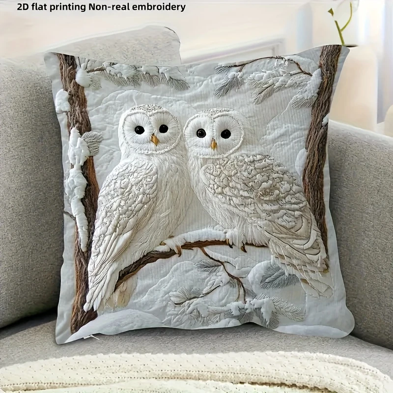 2D Schneegefiederte Eulen-Paar Kissenbezug Winterwald Eulen-Druck Kissenhülle für Sofa Couch Boho Tierliebhaber Wohndekor