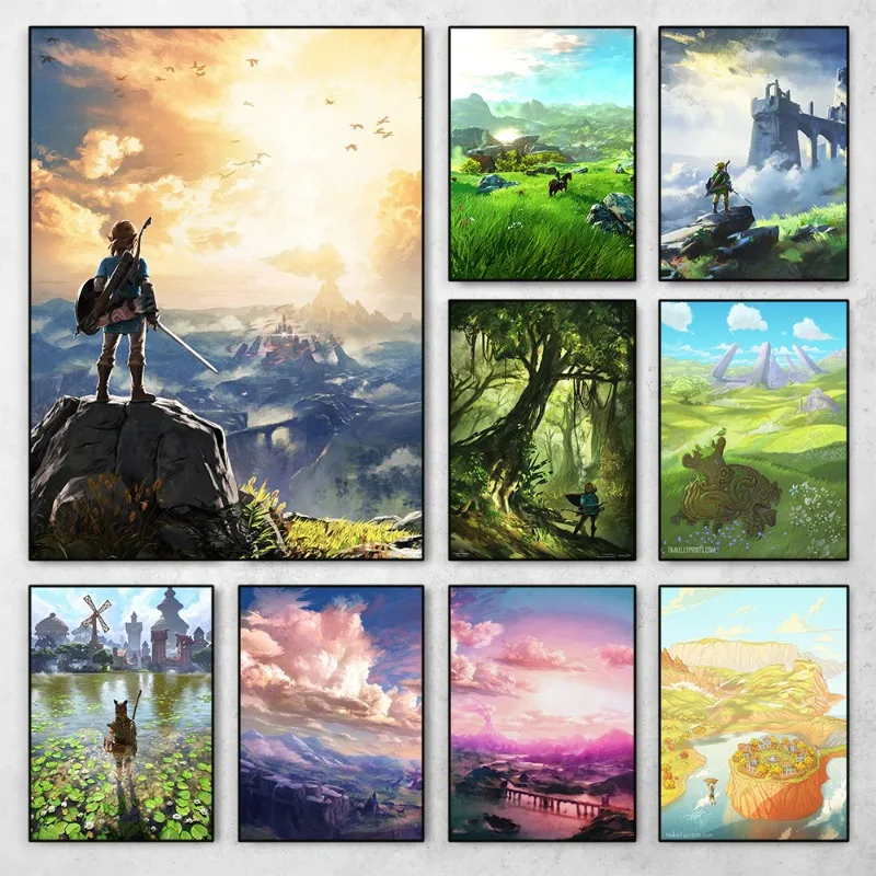 Hyrule Village-pintura en lienzo de Zelda, carteles de paisaje de juego de Anime de viaje, impresiones de imágenes de pared de aliento salvaje, decoración del hogar para sala de estar
