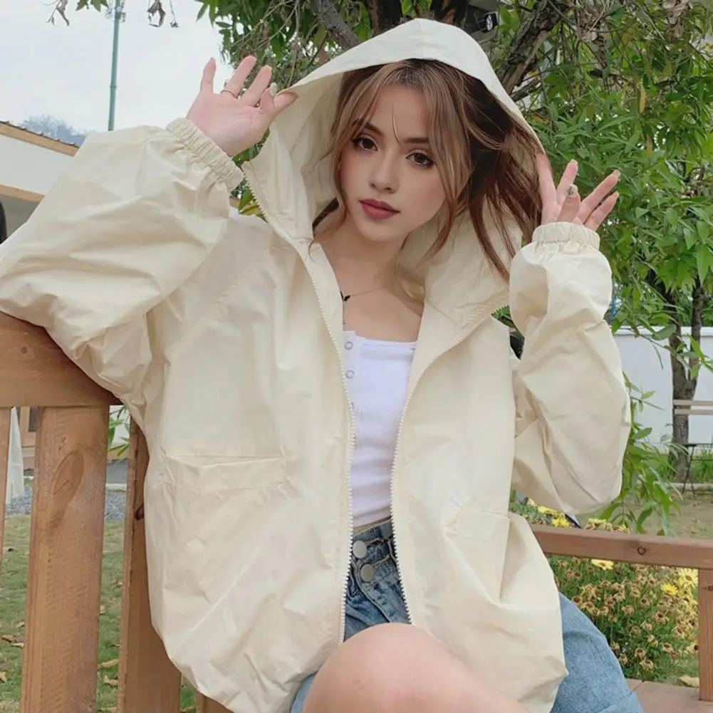 Women Outerwear Stylish Women's Zip-up Hooded Coat with Pockets for Fall Spring Outdoor Travel Loose Fit Long Sleeve Jacket