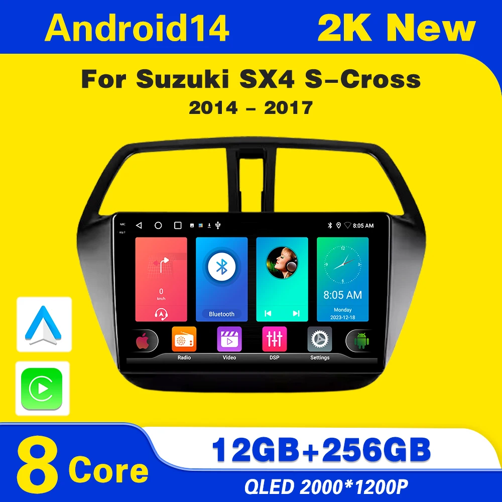 Car Radio Android 14 Video Player For Suzuki SX4 2 S-Cross 2014 - 2017 Multimedia Head Unit Carplay Stereo GPS Navigation Stereo