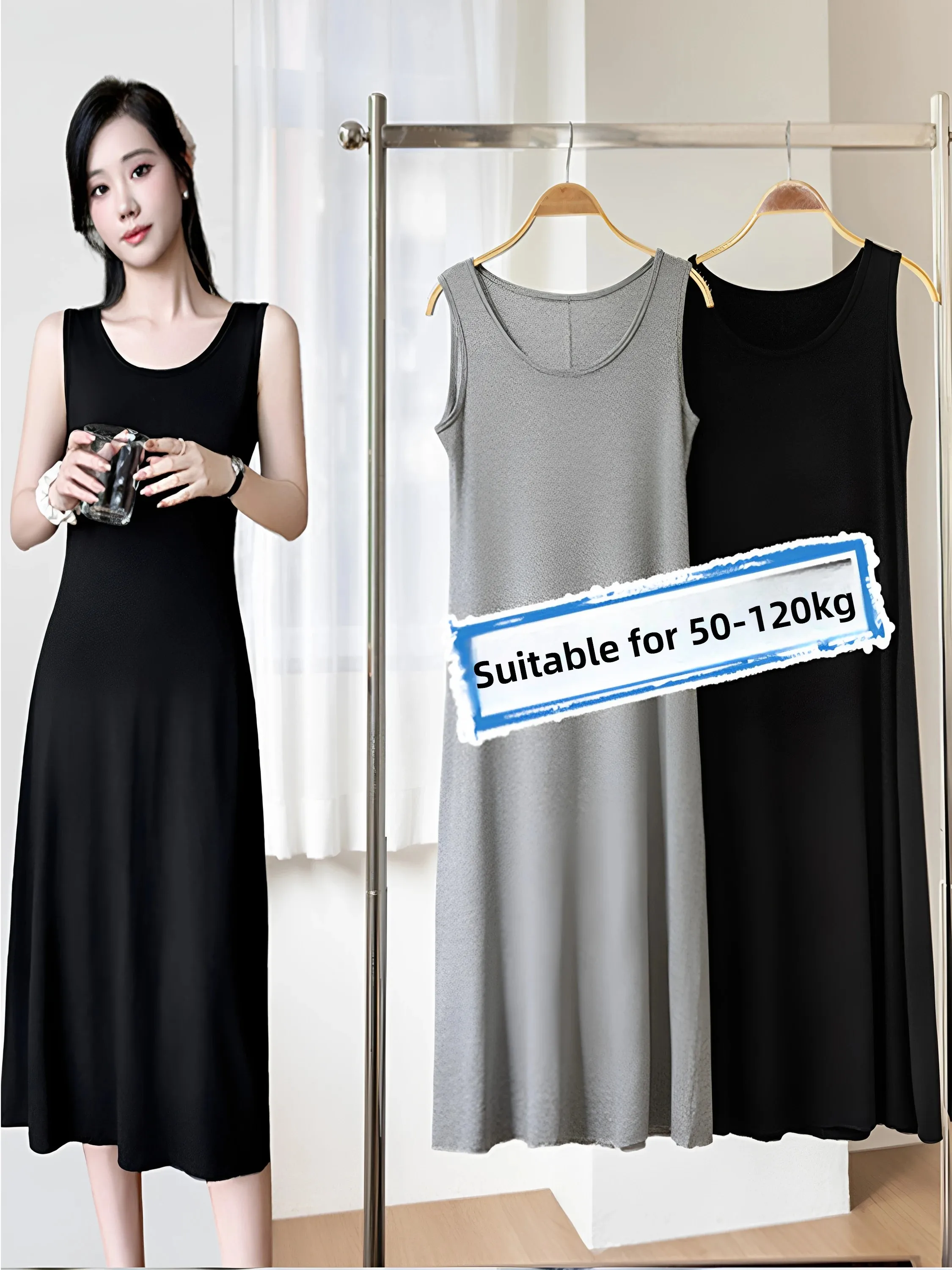 Extra Large Size Knee-Length Dress Women plus Size Sleeveless Home Wear Loose Straight Tube Top Strap Dress Summer Fashion