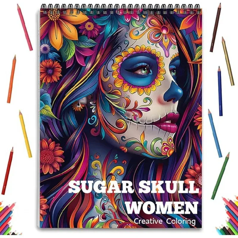 Libro de colorear de un solo lado con espiral para mujeres adultas: 24 páginas de diseños de arte, manualidades y calaveras