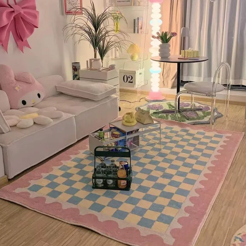 Minimalist Girls Bedroom Decor Bedside Carpet Checkerboard Large Area Carpets for Living Room Thicken Plush Floor Mat Lounge Rug