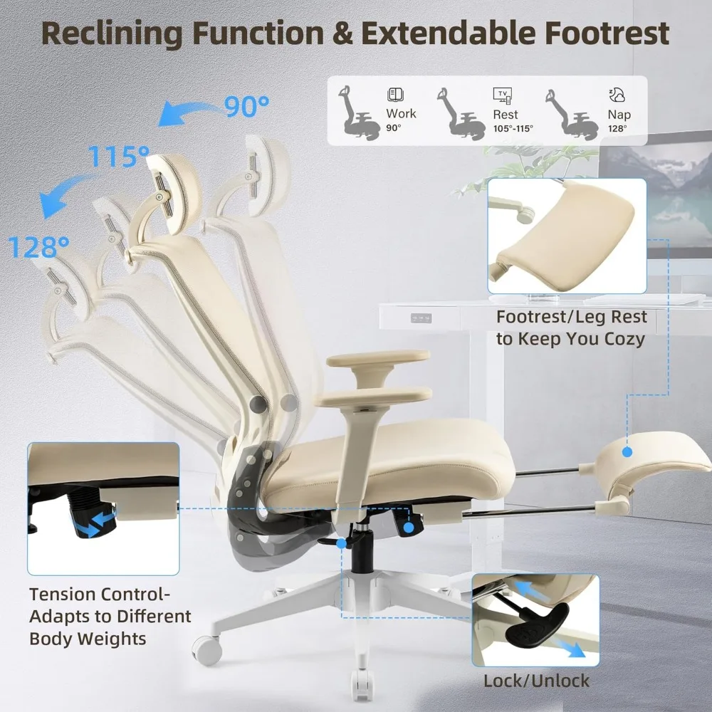 Foldable Office Chair with Foot Rest, Ergonomic Office Chair with Adjustable Lumbar Support, Headrest, Armrest, Home Office Desk