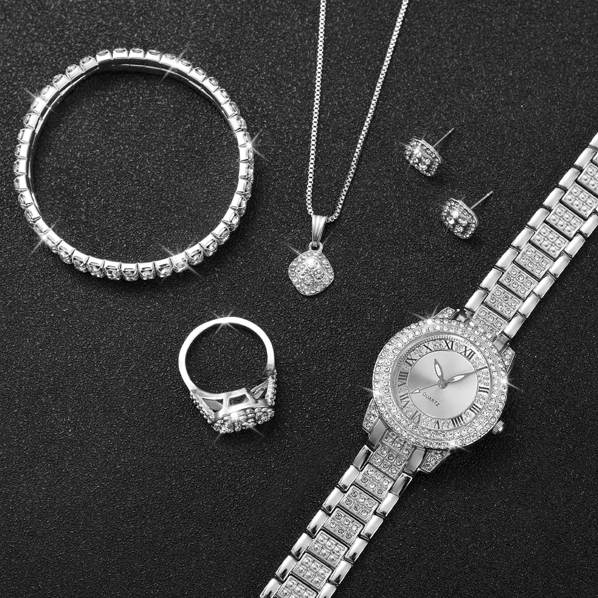 6PCS/Set Women\'s Watch Fashion Rhinestone Roma Dial Quartz Watch Steel Band Wristwatches Diamond JewelrySet(Without Box)