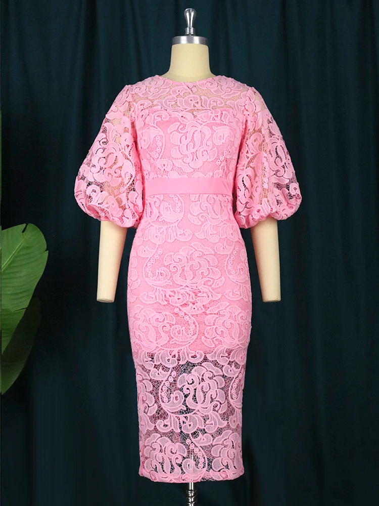 Aomei Pink Lace Dress For Women Lantern Sleeve Elegant Bodycon Charming Evening Occasion Wedding Bridesmaid Slim Gown Large Size