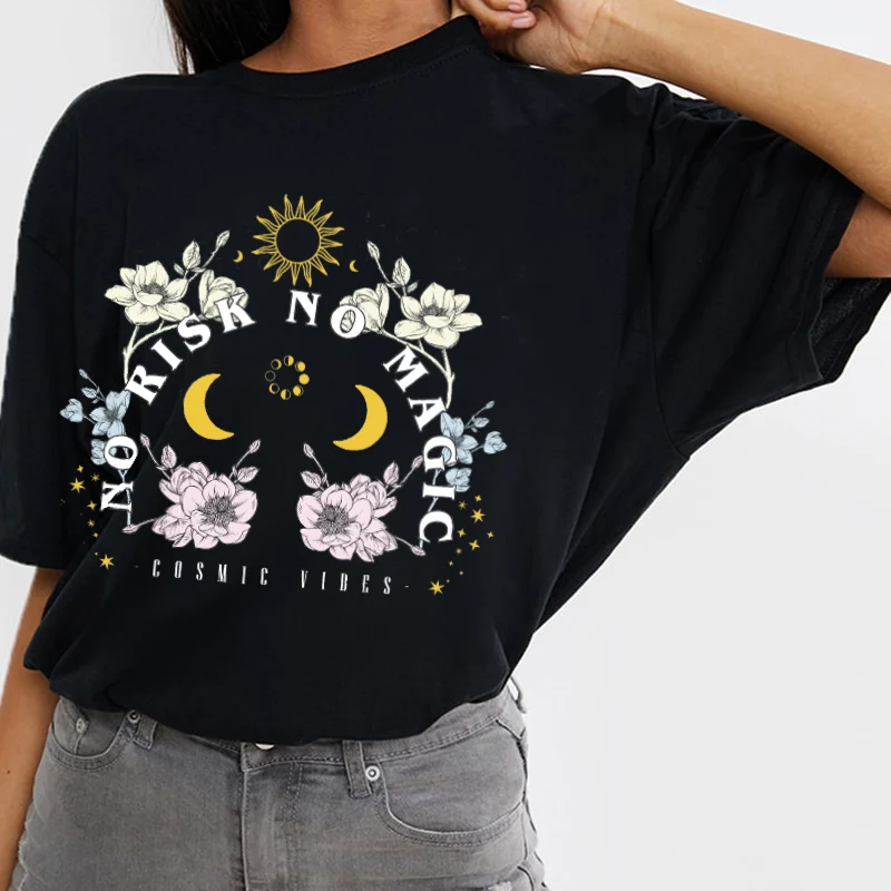 No Risk No Magic Floral Print Female Black T-Shirt Vintage Boho Mystical Celestial Woman Tshirts Witch Shirt Fashion Graphic Tee