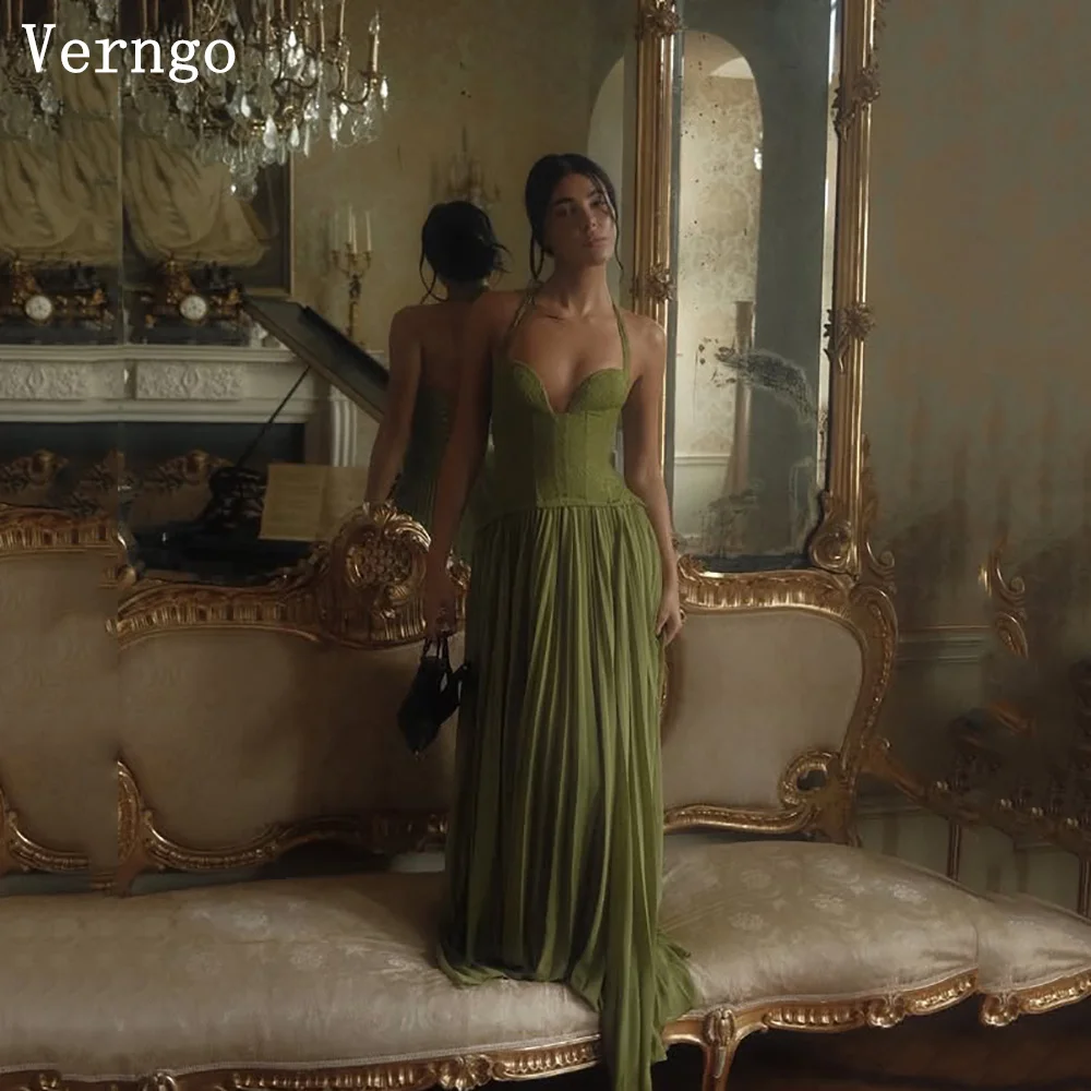

Verngo Green Chiffon Evening Dress Spaghetti Straps A Line Lace Formal Occasion Dress Elegant Prom Gowns Customized