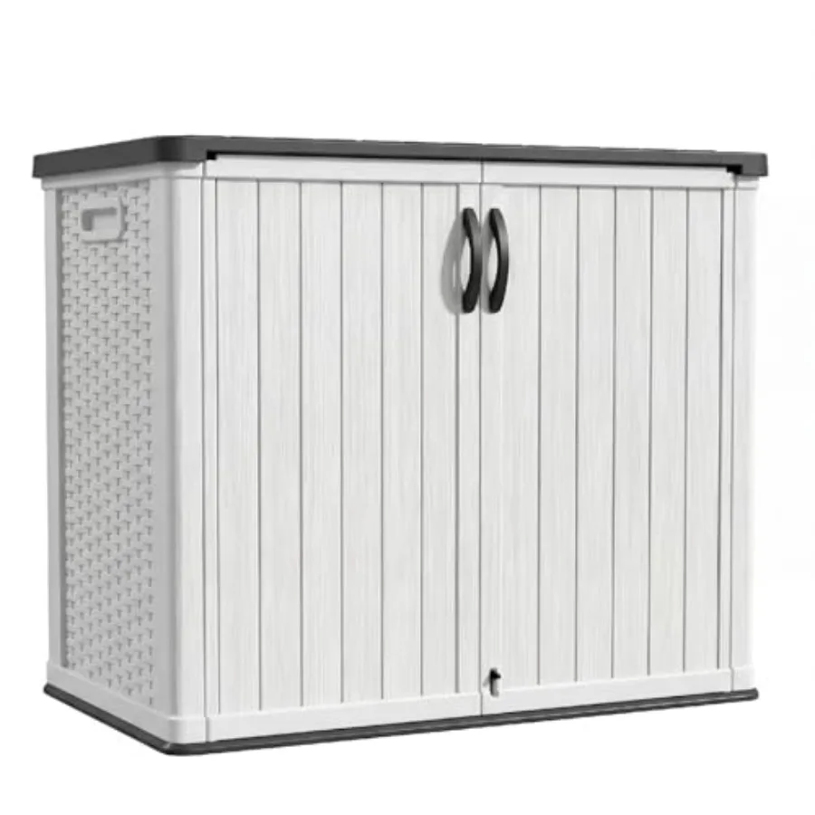 Outdoor storage cabinet for patio and garden use, made of durable ft plastic, gray color, lockable and waterproof horizontal de