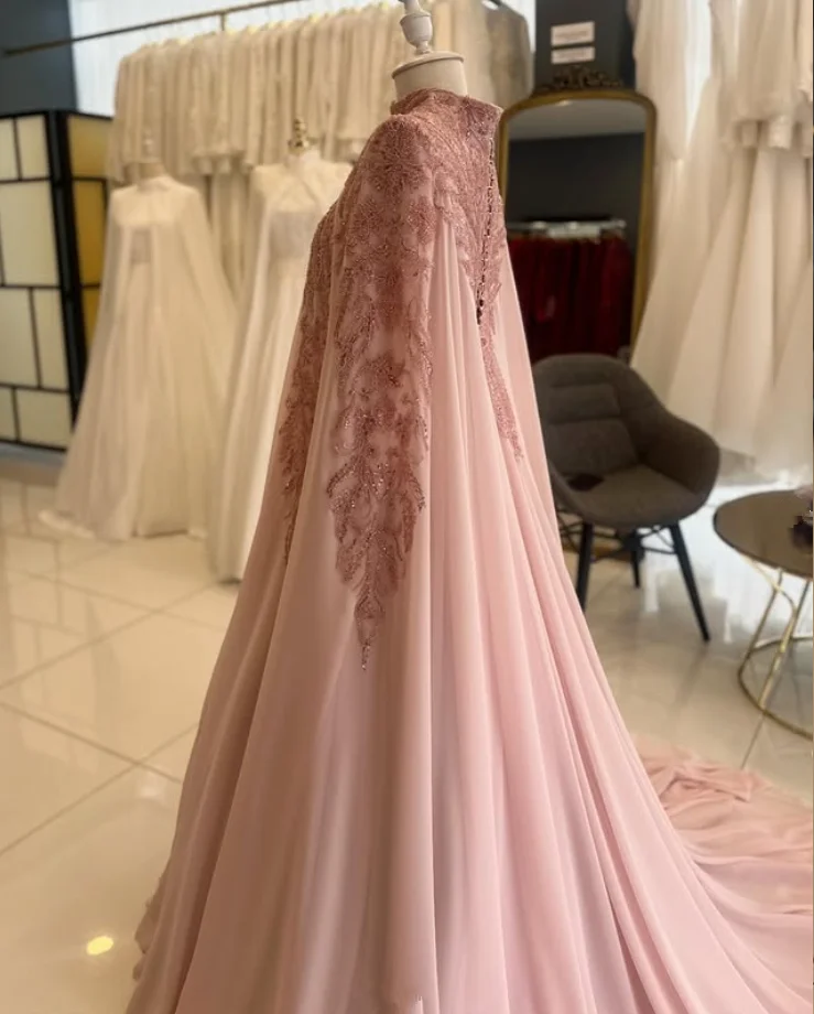 

Blush Pink Muslim Caftan Evening Formal Dresses with Cape Luxury Applique high neck kaftan Customized Jersey Bespoke Prom Gown