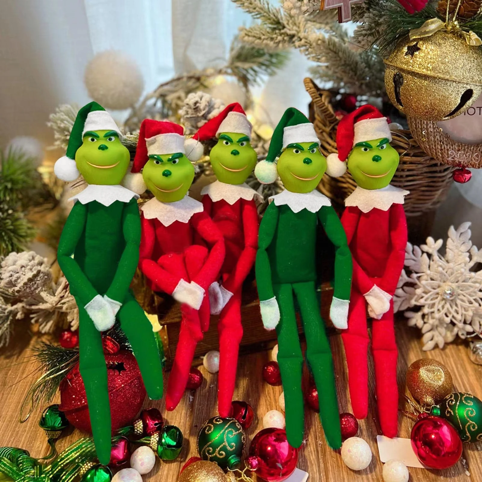 Weihnachts-Grinch Plüsch-Elfenpuppe Grünes Monster Stofftier Christbaumschmuck Regal-Kamin-Dekoration für Feiertage und Neujahrspartys