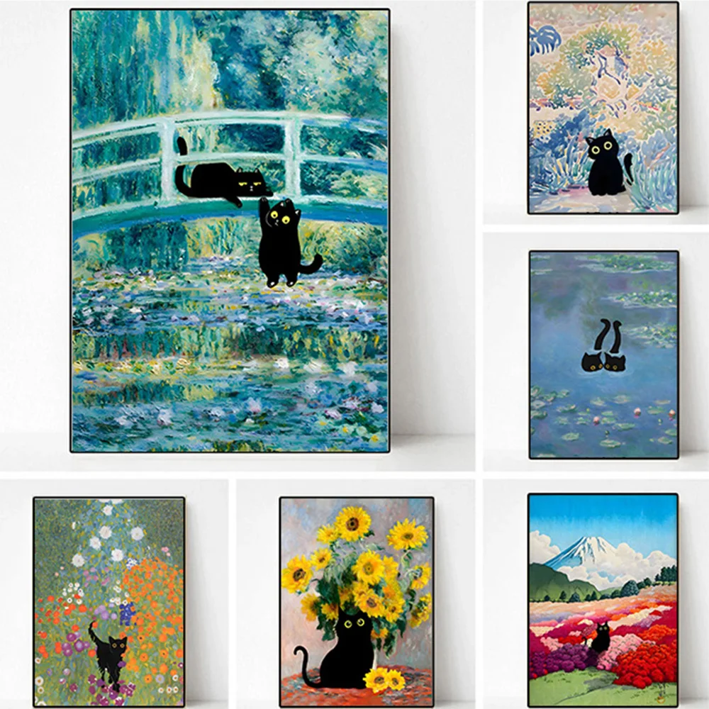 Funny Van Gogh the Starry Night Cat Canvas Wall Art Famous Oil Painting Black Poster Floral Colorful Abstract Gallery Room Decor