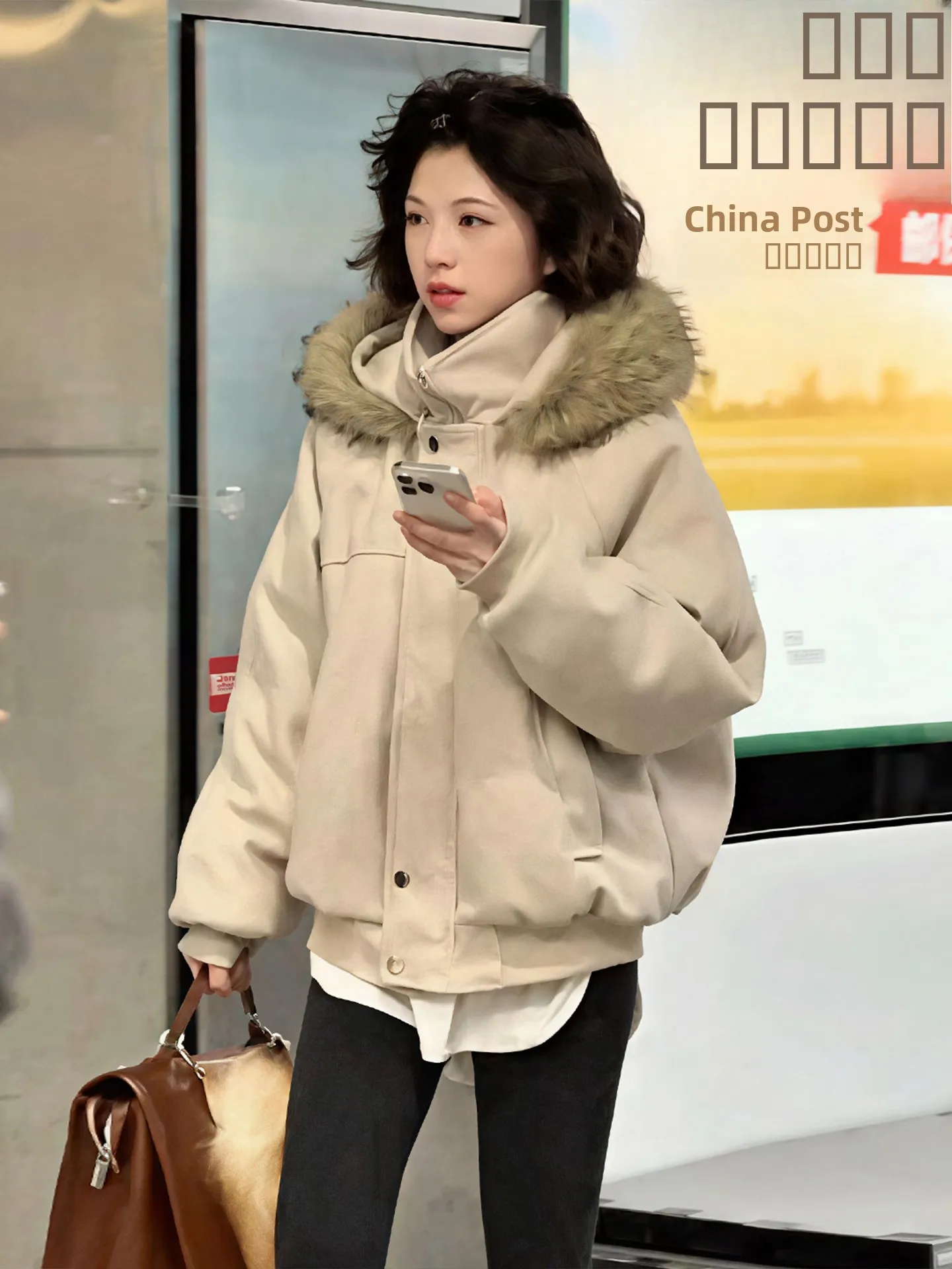 

Khaki American Sle ort Cotton Jaet Thiened Hooded Fur Collar Men Women Winter Coat Casual Warm Polyester Fiber