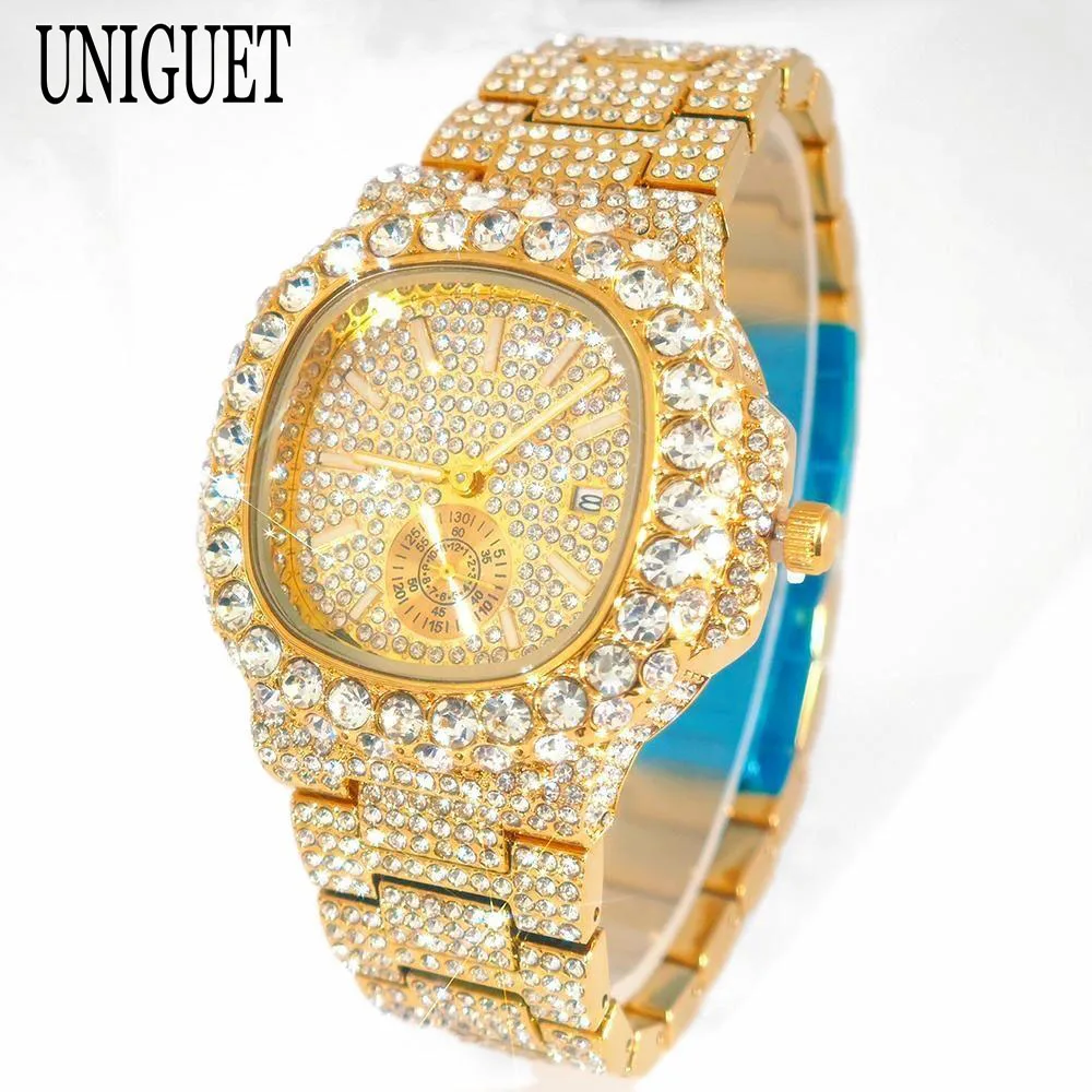 2024 Fashion Big Diamond Watches Men Brand UNIGUET Luxury Steel Hip Hop Man Bling Bling Jewelry Quartz Wristwatch Gift Hot Sell