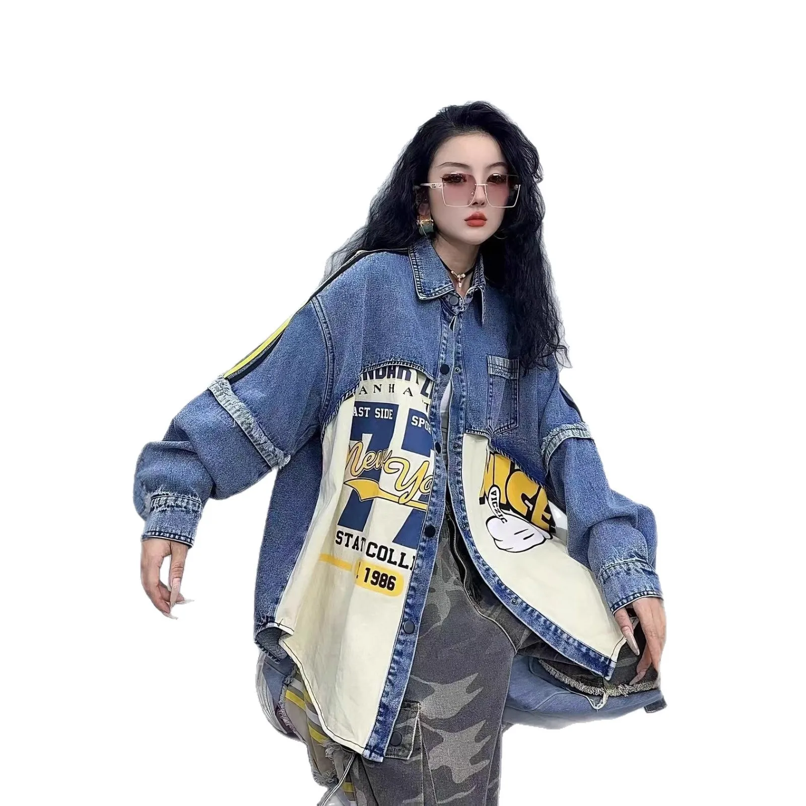 2025 Autumn New Heavy Craft Cartoon Pattern Letter Print Loose Top Female Trendy Denim Shirt Denim Jacket Women Clothing