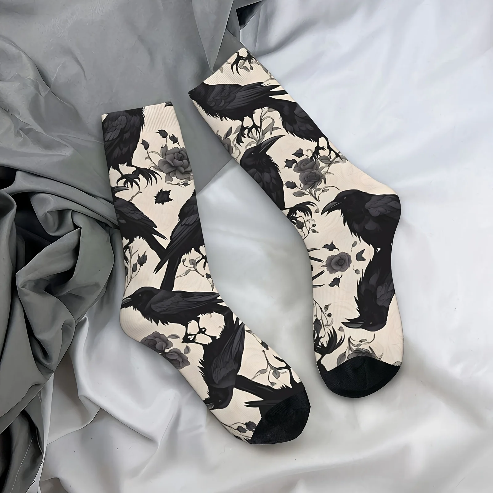 

1 Pair Happy Funny Crows and Roses Drawstring Bag Socks Vintage Harajuku Hip Hop Novelty Pattern Crew Crazy Sock Gift