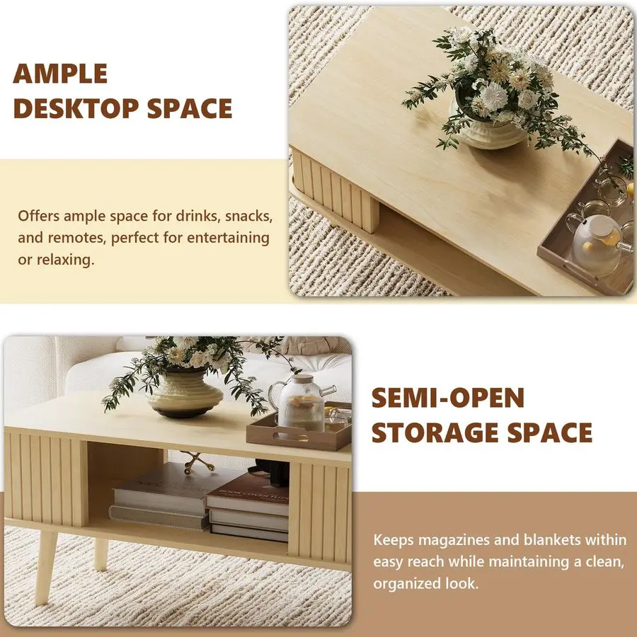 Coffee Table with Storage Center Table for Living Room Rectangle Coffee Table with Rounded Edges,Easy Assembly, Natural Wood