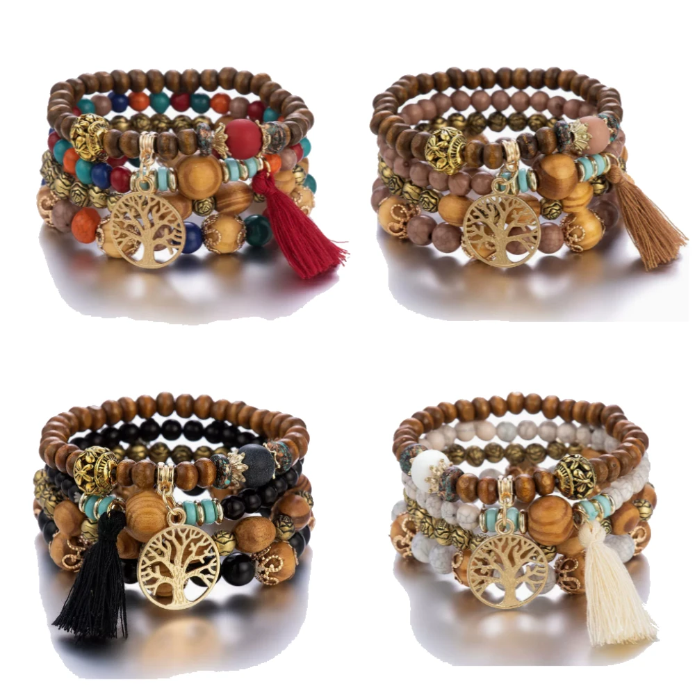 4PCS Bohemia Tree Of Life Charm Beaded Bracelet Set Fashion Tassels Charm Wooden Beads Elastic Chain Bangle Trendy Party Jewelry
