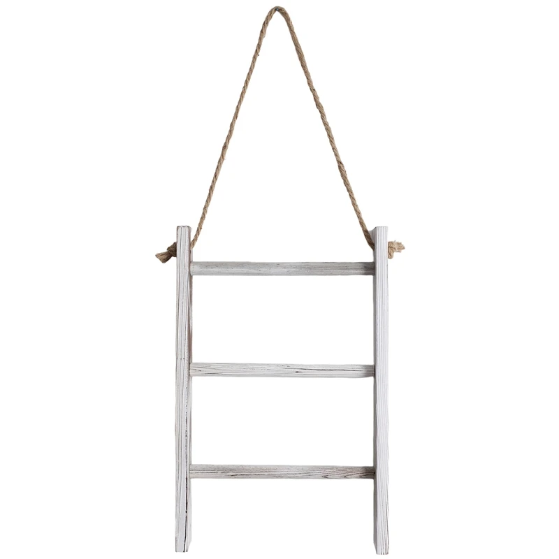 3-Tier Mini Whitewashed Wood Wall-Hanging Hand Towel Storage Ladder With Rope