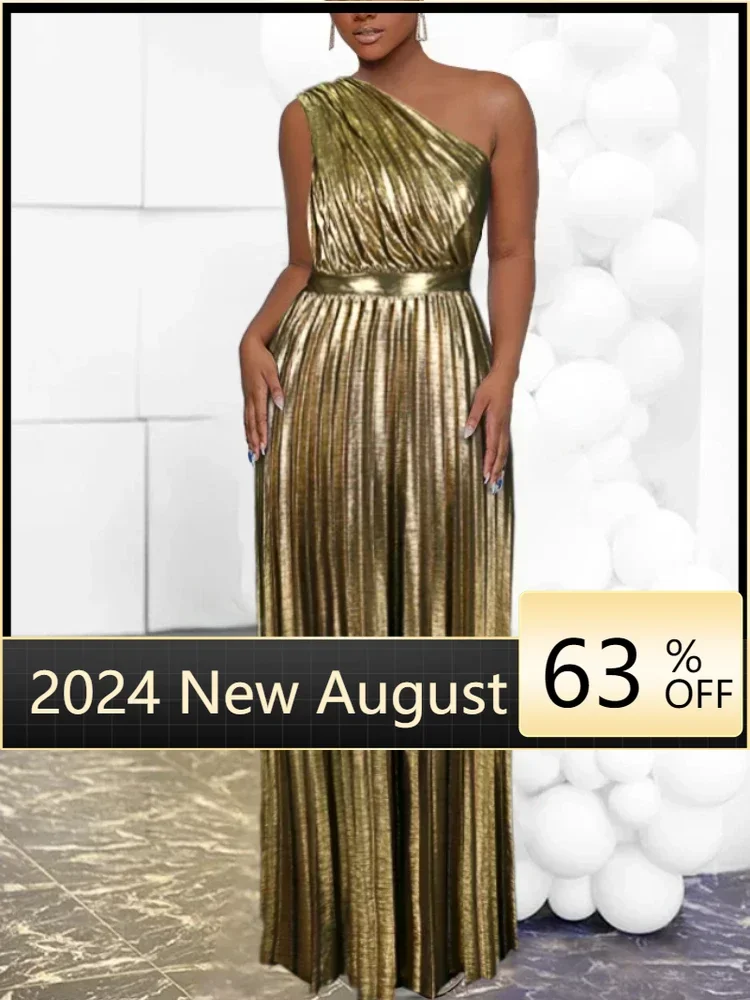 Elegant Women Even Dresses Luxury Maxi Long Metallic Pleated Dress One Shoulder Sleeveless Premium Shiny Shimmer Gowns Big Size