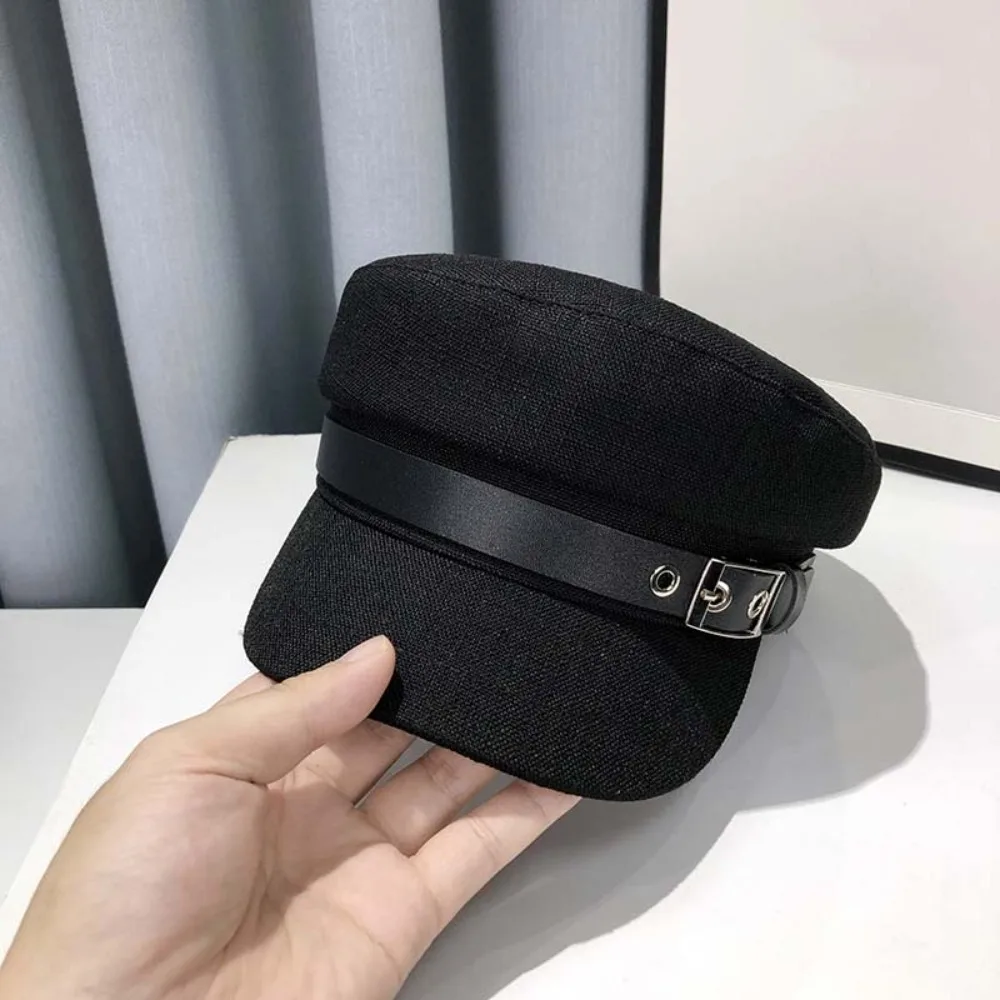 PU Leather Belt Buckle Beret Cap Polyester British style Retro Octagonal Hat Big Head Circumference Adjustable