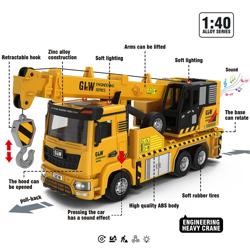 1:40 Crane Car Alloy Diecast Engineering Transport Truck Sound Light Pull Back Collection Play Vehicles Toys Gifts For Children