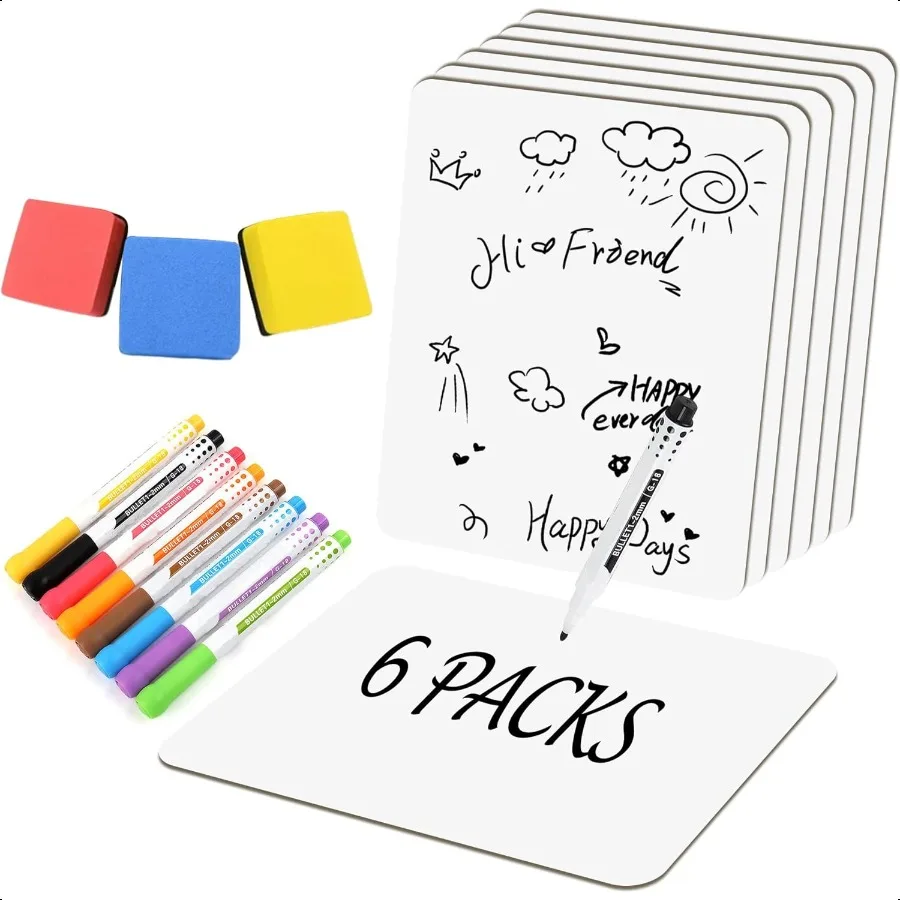 

6 Pack Small White Board Dry Erase Classroom Pack Boards 9 x12 Personal Whiteboards for Students Teachers School plies Lapboard