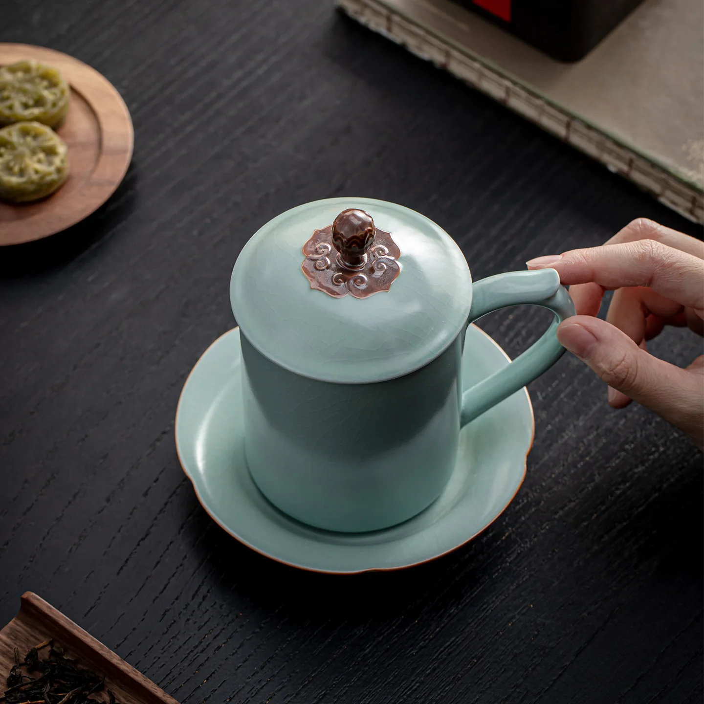 Ru Ware Teacup Water Cup Large Capacity with Lid Saucer Gift Box Ru-Porcelain Office Customization