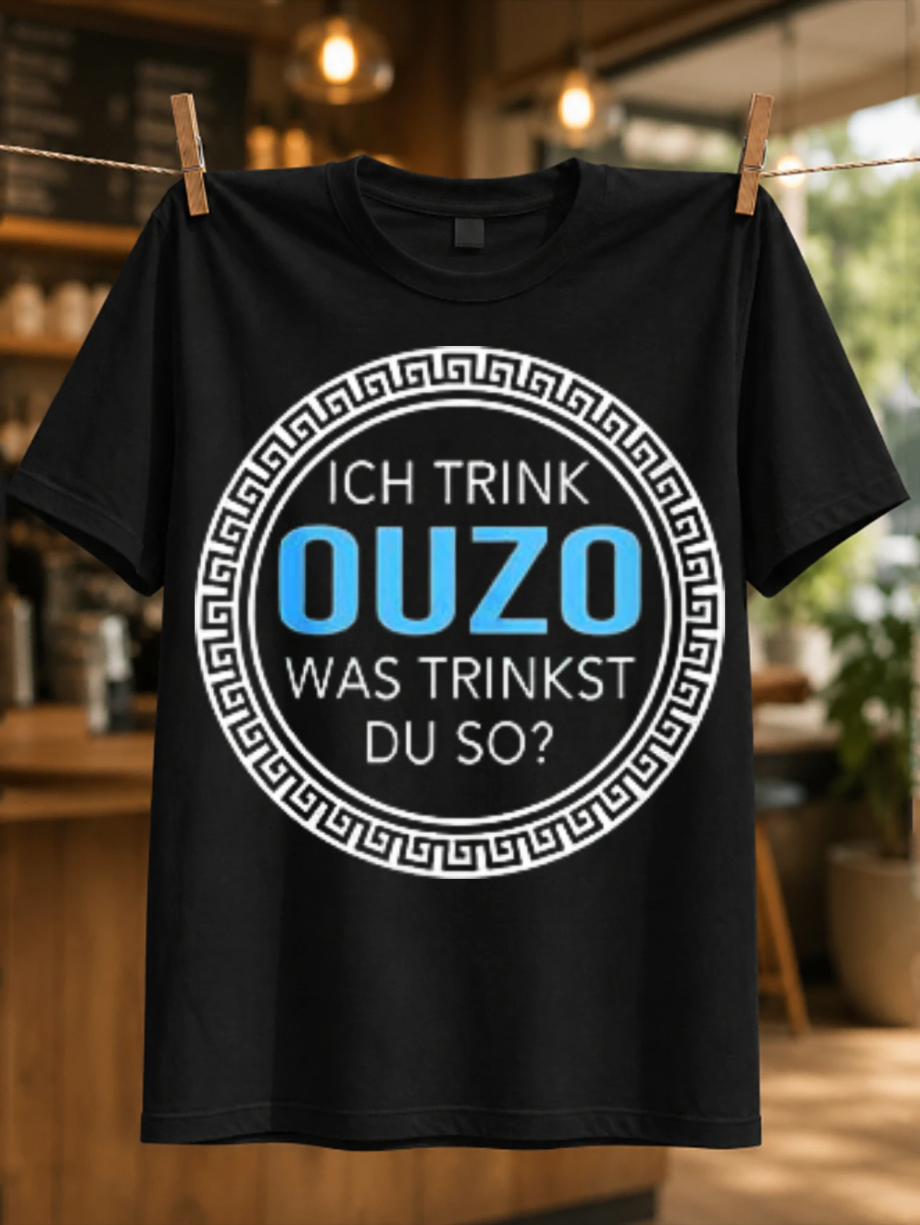 Ouzo round blue bottle text with Greek border and German question phrase party tavern style Unisex  Unisex All T-Shirt