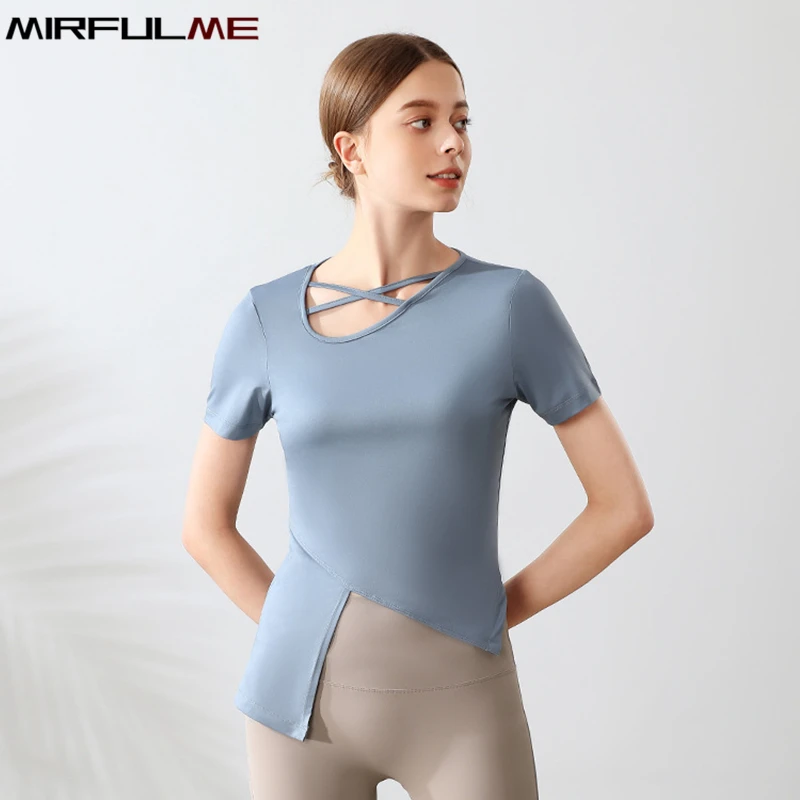 Women Slim Yoga Shirts Short Sleeves Sport T-Shirts Irregular Hem Running Shirt Quick Dry Elastic Gym Fitness Tops Blouse Female