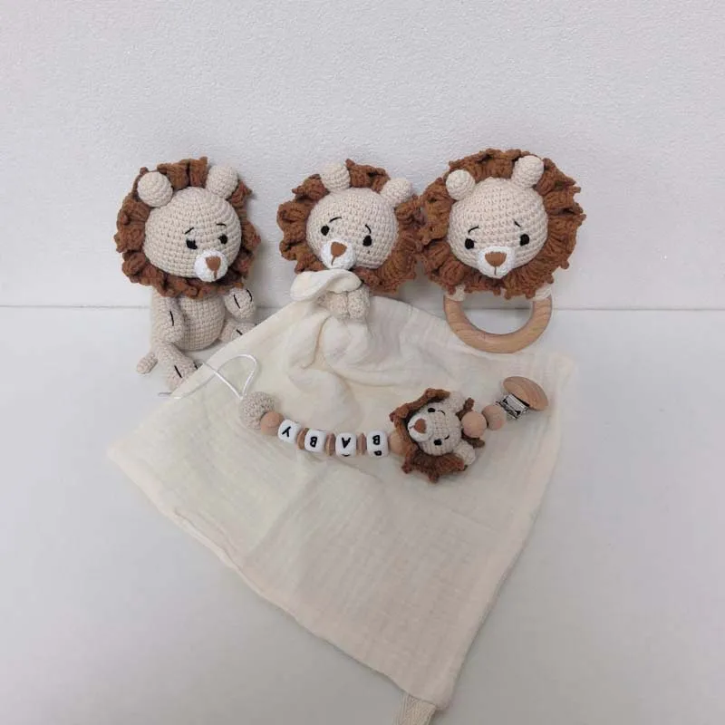 Customized Name Baby Towel Bib Soft Lion Pacifier Chain Sleeping Doll Teether Infants Comfort Sleeping Blanket