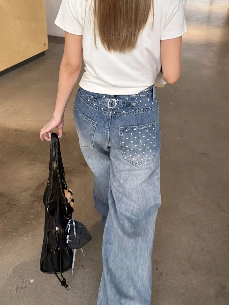 Women's Small Star Print Wide Leg Jeans Fashion Sweatpants Summer Cool Girl Casual Bottoms Female High Waist Vintage Trousers