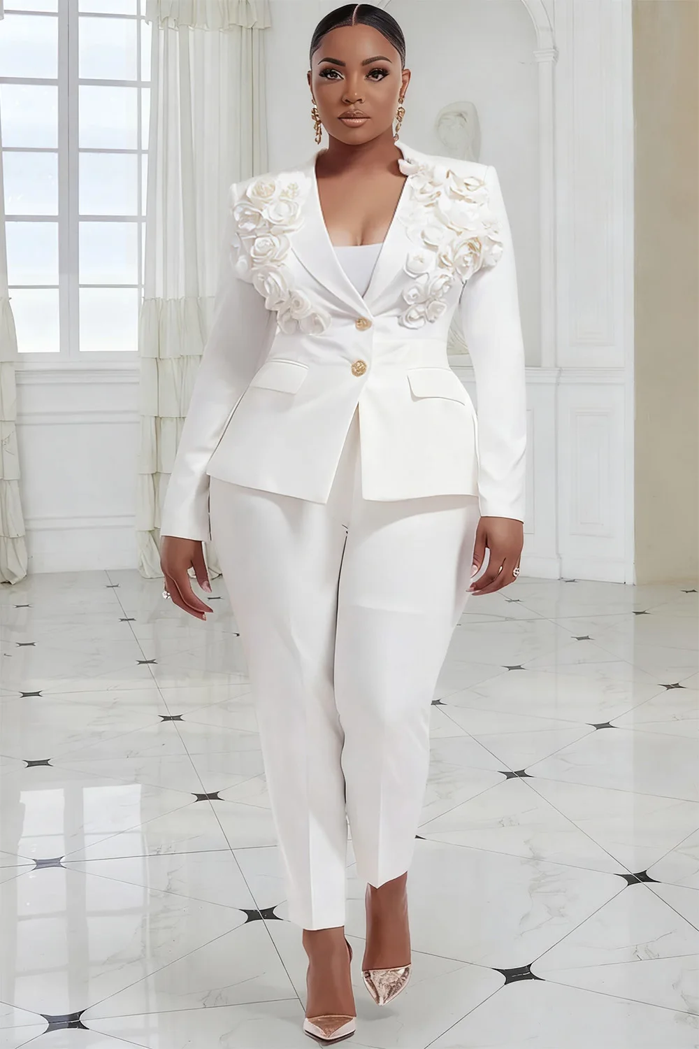

Plus Size Formal White Turndown Collar Long Sleeve 3D Elegant Pocket Two Piece Pant Suits