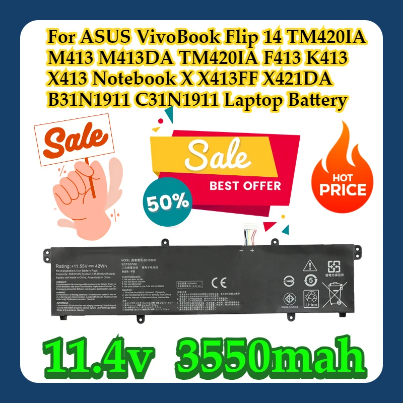 

For ASUS VivoBook Flip 14 TM420IA M413 M413DA TM420IA F413 K413 X413 Notebook X X413FF X421DA B31N1911 C31N1911 Laptop Battery