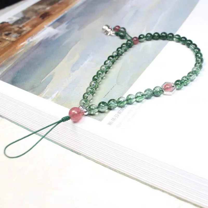 

Natural Pigeon Blood Strawberry Quartz Mobile Phone Charm Short Wrist Lanyard Green Phantom Quartz Lanyard Cherry Agate Crystal