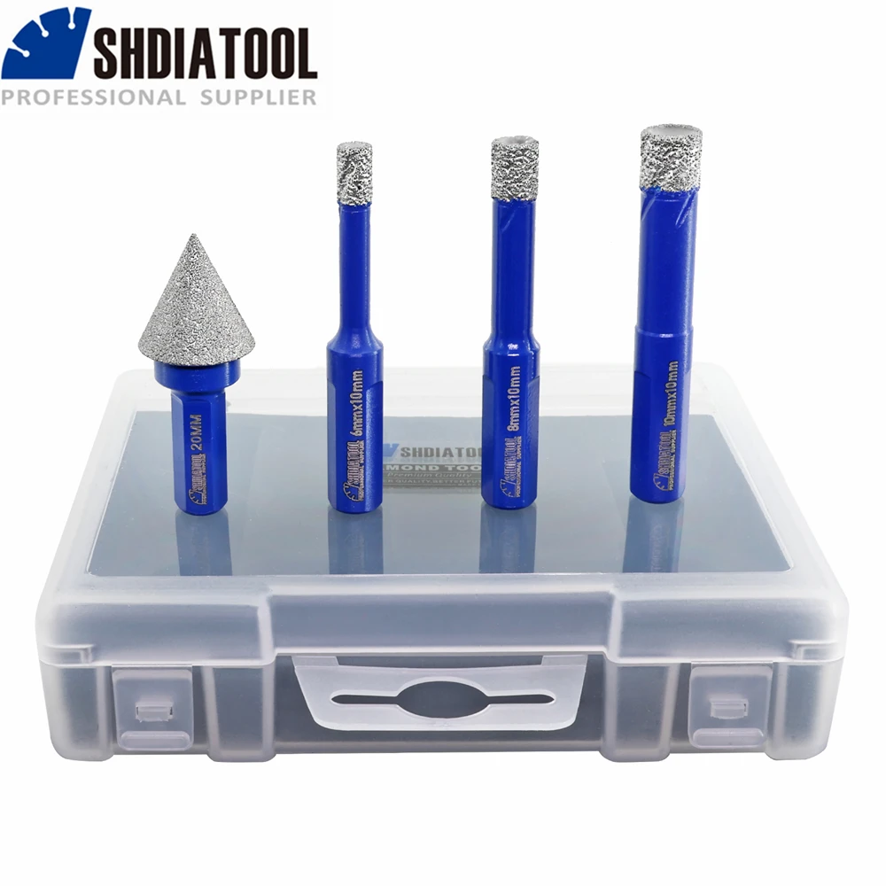 

SHDIATOOL 4pcs/Box Diamond Chamfer Drill Bits Kit 6/8/10mm Drilling Crown with Shank+20mm Milling Taper Porcelain Quartz Masonry