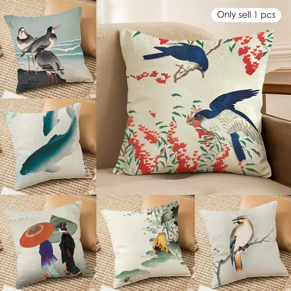 Ohara K-Koson Japan Ukiyo Cushion Cover Silky Short Plush Invisible Zipper Dustproof Sofa Pillow Case For Home Decor