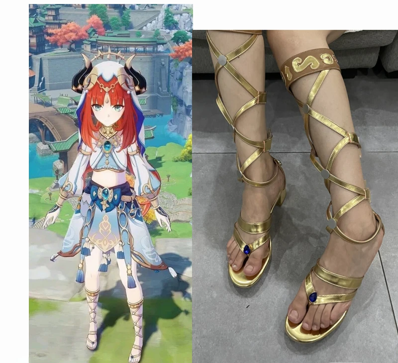 

Anime Game Genshin Impact Cosplay Sumeru Dancer Nilou Gold Cross 5cm Heel High Sandals Roman Shoes Halloween Party Shoes