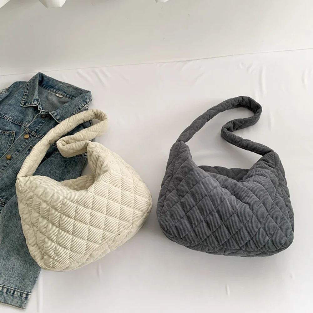 Women Underarm Bag with Pocket Corduroy Quilted Shoulder Bag Large Capacity Shoulder Bag Retro Classic Purse Solid Color Handbag