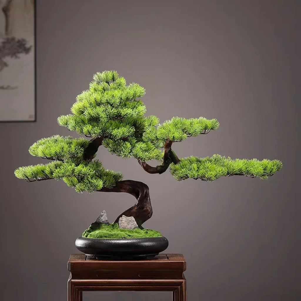 Simulated Welcome Pine Solid Wood Green Plant Bonsai Living Room Entrance Office Desktop Home Decoration Ornament