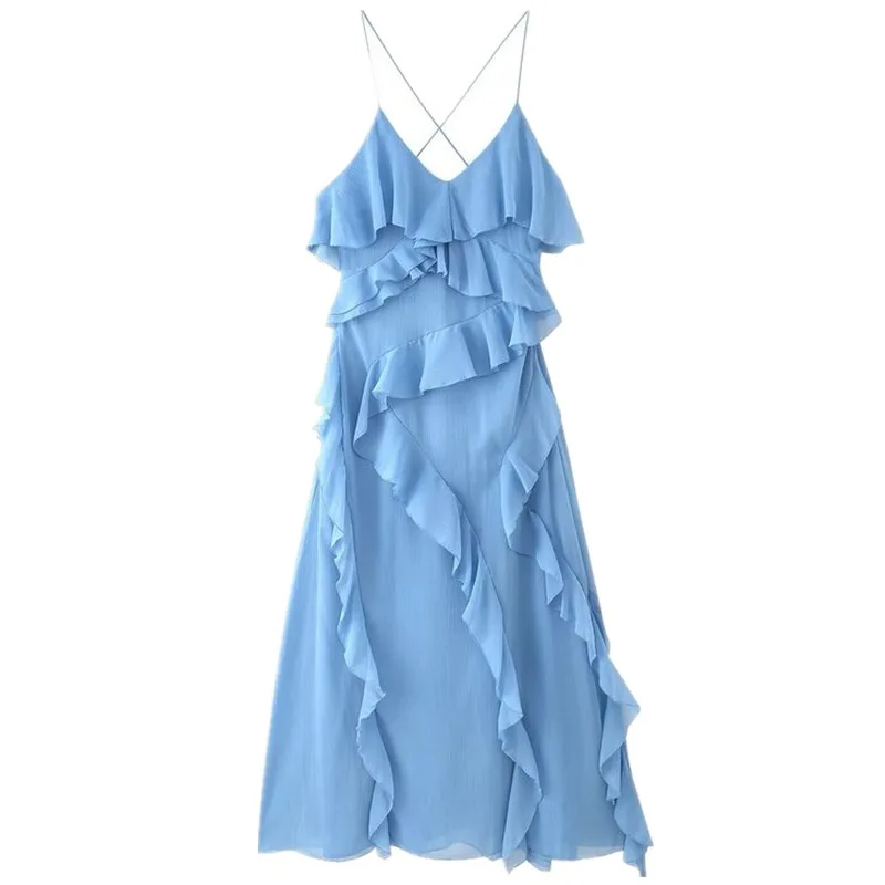 Vestido F Novo Lançamento Verão 2025, Camadas Decorativas, Sem Alças, Estilo E para o Dia a Dia, Sem Mangas, Ma...