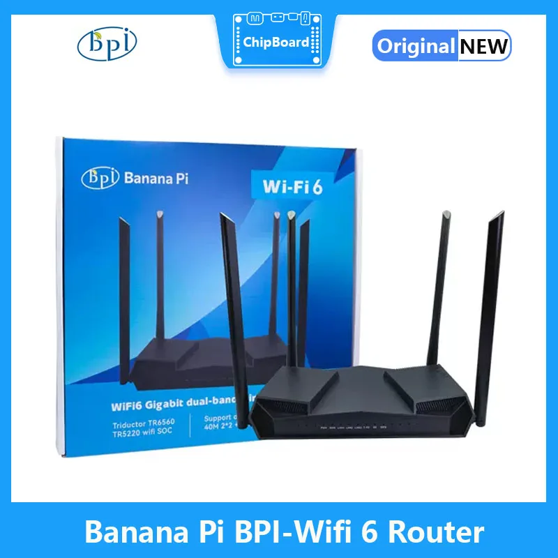 Banana Pi, BPI Wifi 6 Router, TR6560+TR5220 Wifi, SOC Dual Core ARM, Cortec A9 Integrated 5GE PHY RGMII 6 GE MACs, Routing Board