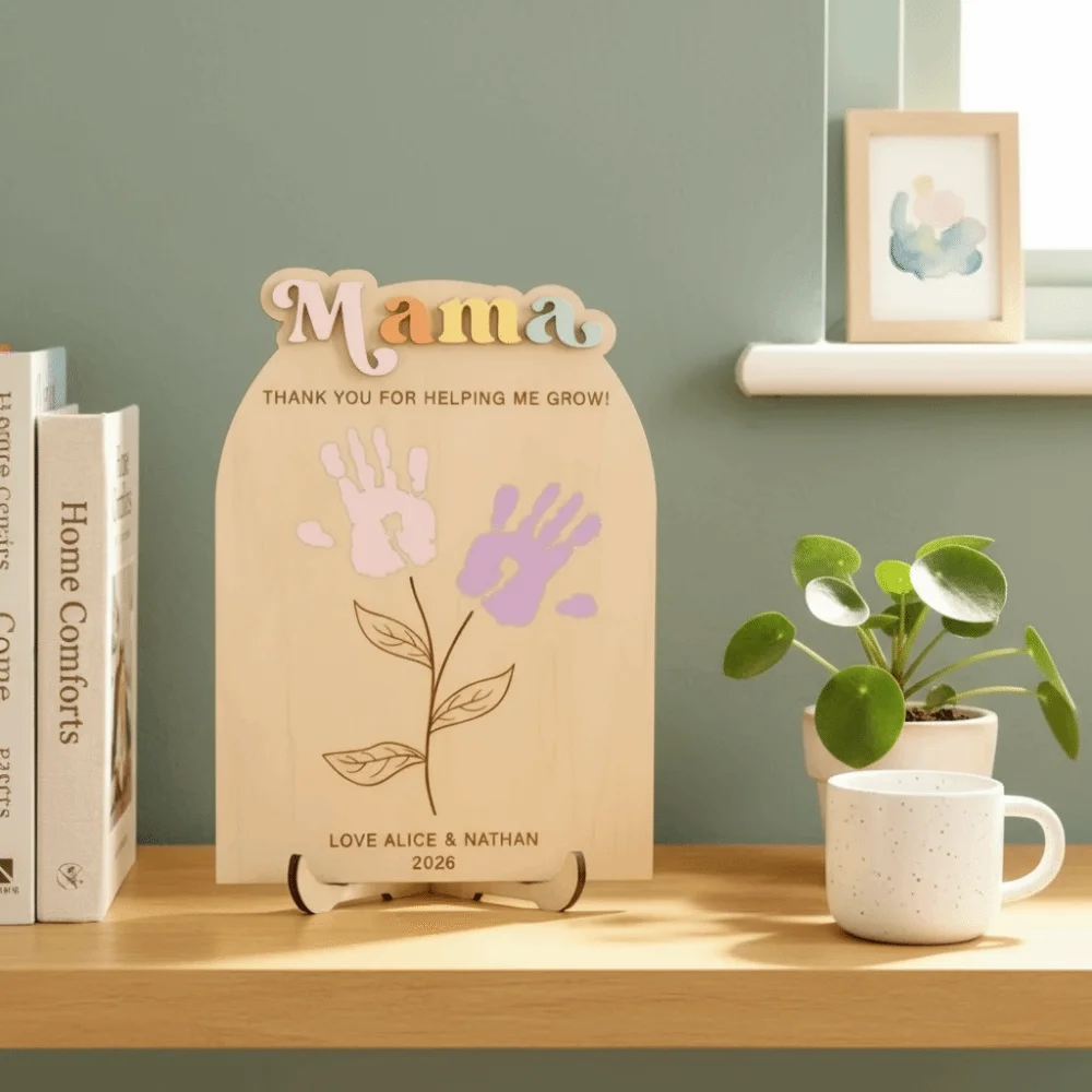 Hand Painted Mother's Day Plaque Decoration Ornament Flower Table Decor 2D Flat Mom Gifts DIY Handprint Sign Mother's Day