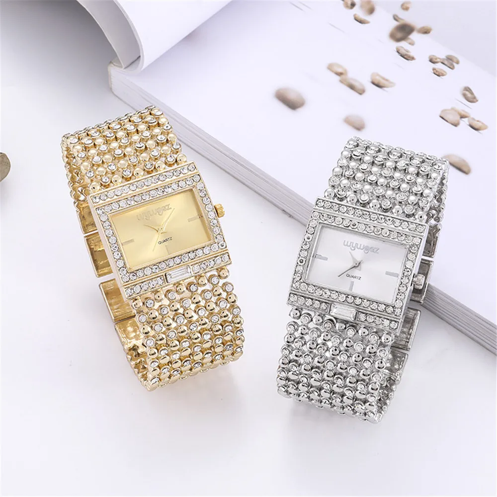 Luxury Simple Square Diamond Encrusted Women\'s Quartz Watch Gold Skeleton Fashion Women\'s Clock Gift Dress Wristwatch