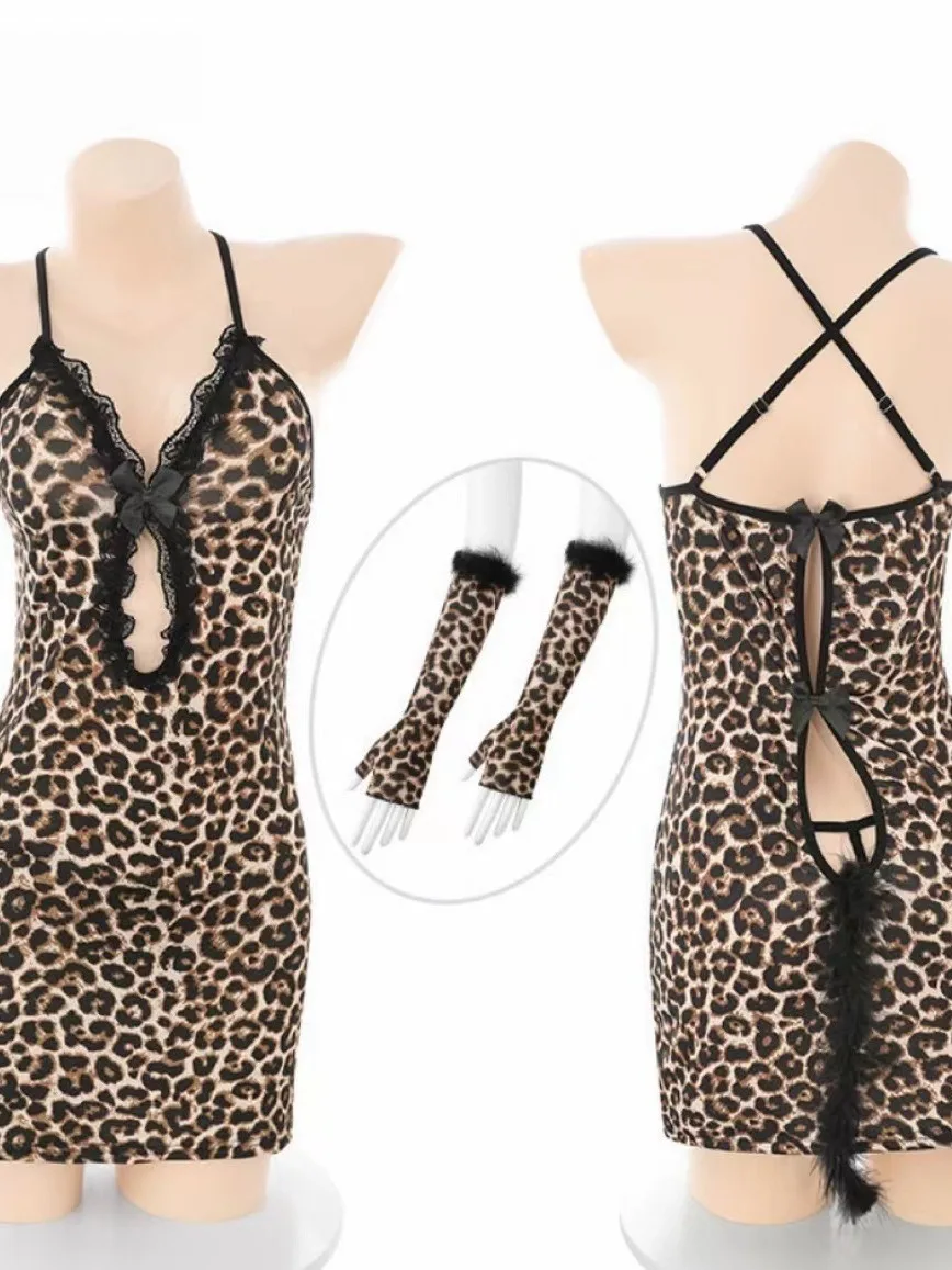 Sexy Pure Desire Cute Leopard Print Uniform Pajama Dress Elegant Fashion Sweet Korean Women Tank Mini Dress Sweet 2024 Tops VWH9