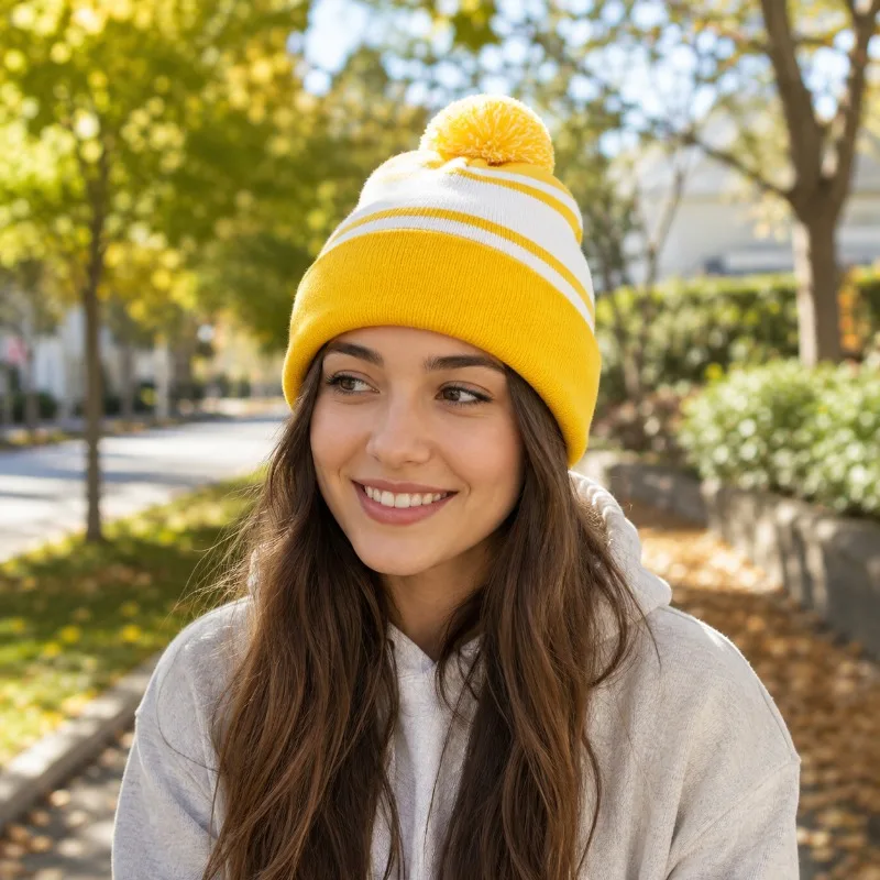 Striped Wool Ball Knitted Cold Hat, Contrasting Color Flanged Winter Pullover Hat,multi-color Men's and Women's Warm Knitted Hat